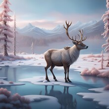 A Moose Walks On The Banks Of A Frozen And Snowy Lake Illustration In Pastel Colors