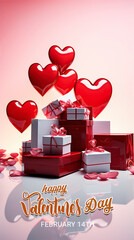 Poster - happy Valentine's Day background mockup with decorative red and white love hearts top view.
