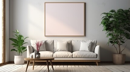 Wall Mural - Bright living room interior with white sofa and plants