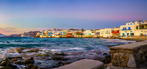 Wall Mural - Little Venice sunset panorama at Mykonos Island, Greece