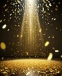 golden confetti rain on festive stage with light beam in the middle, empty room at night with copy space for award ceremony, jubilee, New Year's party or product presentations 