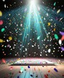 Multicolored colorful confetti rain on festive stage with light beam in the middle, empty room at night with copy space for award ceremony, jubilee, New Year's party or product presentations 