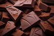Close view of decadent chocolate shards, pieces of chocolate, dark brown background
