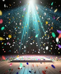 multicolored colorful confetti rain on festive stage with light beam in the middle, empty room at ni