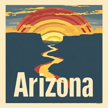 Arizona Travel Poster, Featuring Sunset And Horseshoe Bend Landmark. Flat Simple Design 
