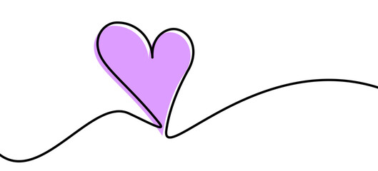 Wall Mural - Single purple heart continuous wavy line art drawing on white background. Happy Valentine's day header or banner or letter template.