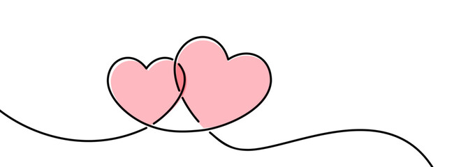 Wall Mural - Two pink hearts continuous wavy line art drawing on white background.