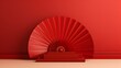 Chinese new year, Red podium display mockup on red abstract background with red hand paper fan, Stage for product minimal presentation, 3d rendering.