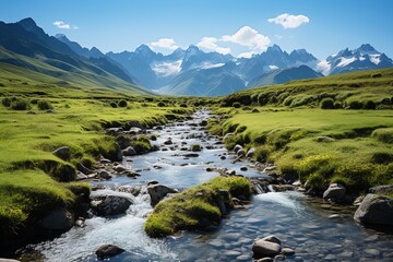 Sticker - mountain river flowing through a green valley