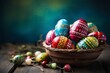 Happy easter, Easter painted eggs in the basket on wooden rustic table for your decoration in holiday. copy space - generative ai
