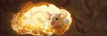 A White Fluffy Mouse Chewed A Hole In A Large Piece Of Cheese. A Banner, A Place For Text.