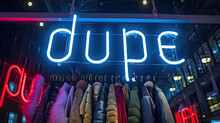 Dupe Written In A Neon Sign, At A Clothing Store. Gen Z Slag For A Duplicate Or Replica Item Of An Expensive Designer Fashion Accessory, Shoes Or Clothing