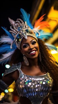 A smiling woman wearing a colorful feathered headdress and silver sequined dress.