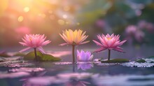 Lotus Flowers In Bloom On Water