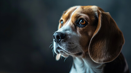 Wall Mural - Close-up portrait of cool looking beagle dog isolated on dark background with copy space.