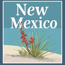 New Mexico Travel Poster, Simple Flat Design, With White Sands And Yucca Plant Landmark