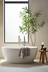 Canvas Print - Bathtub in a bright bathroom with a large plant