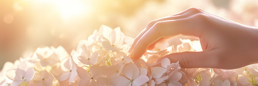 Beautiful and well-groomed women's manicured hands next to flowers in the soft sunset light, a banner, a place for text