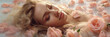 © MariКа - A beautiful girl is relaxing in a bubble bath with flowers in a spa salon, a banner, a place for text