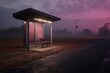 An empty bus stop at night with a pink sky