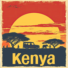 Kenya Safari East Africa Travel Poster, Flat Design