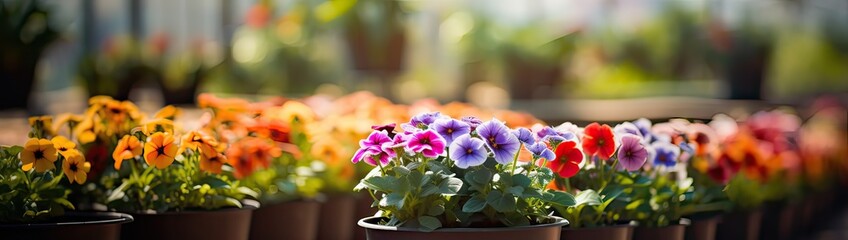 Poster - Colorful flowers with green leaves growing in clay pots of blurred greenhouse in daylight