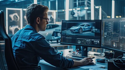 a male chief automotive engineer sitting in front of a computer monitoring control car factory work desk