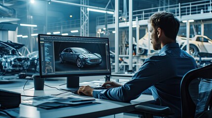 Wall Mural - a male chief automotive engineer sitting in front of a computer monitoring control car factory work desk