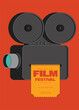 Movie and film festival poster template design background with vintage retro camera and ticket