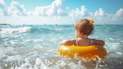 little child girl in swimwear with swim ring playing in sea water at tropical beach on summer sunny 