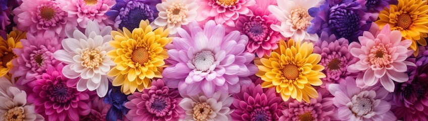 Poster - Summer flowers. Autumn pink purple yellow violet chrysanthemum Flowers. Postcard . Floral banner