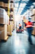 Warehouse workers in motion blur moving boxes with a forklift