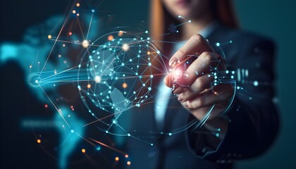 Business woman drawing global structure networking and data exchanges customer connection on dark background