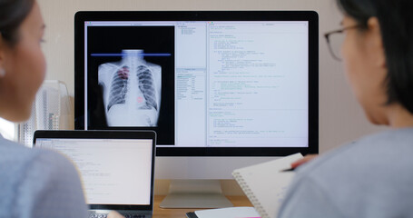 big data ai coding screen for asian future health care smart tech it solution. asia team woman peopl