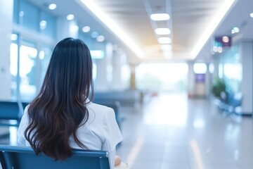 Wall Mural - Defocused image of a hospital waiting area with an Asian businesswoman, abstract business healthcare blend