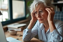 Overworked Tired Older Lady Holding Glasses Feeling Headache, Having Eyesight Problem After Computer Work. Stressed Mature Senior Business Woman Suffering From Fatigue Rubbing Dry Eyes, Generative AI 