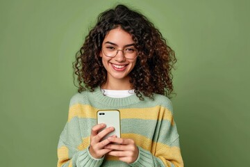 young adult smiling happy pretty latin woman holding mobile phone looking at camera, doing ecommerce