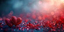 Valentines Day Background Banner - Abstract Panorama Background With Red Hearts - Concept Love, Bokeh, Generative Ai