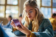 Teen girl gen z student using mobile phone looking at smartphone sitting at desk in university college campus classroom. Young blonde woman holding cellphone modern tech, Generative AI 