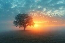 Serene Sunrise Bliss. Breathtaking Nature Landscape With Sun Peeking Misty Trees Creating Perfect Harmony Of Sunlight Morning Fog And Summer Fields Ideal For Evoking Tranquility And Beauty In Outdoor