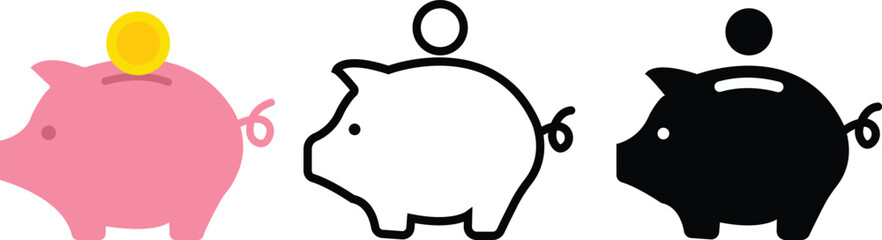 Piggy bank icon set. Piggybank with falling coins. Baby pig in different style. Pig silhouette. Financial independence. Money box symbol flat style stock vector. isolated on transparent background,