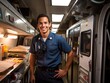 Hispanic male paramedic smiling in an ambulance