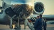 technicians are checking the engine of a private jet on the airport runway during the day