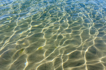Wall Mural - Clean transparent sea water, lake bottom and sand. Beautiful blue, turquoise transparent surface