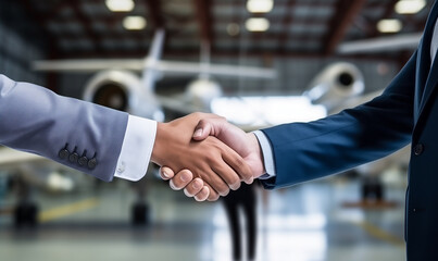 handshake between two businessman in the airport. businessmen shake hands in front of jet. concept i