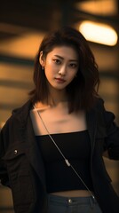 Wall Mural - Portrait of a young Asian woman in a black jacket