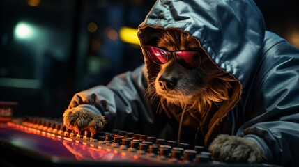 Wall Mural - A dog wearing sunglasses and a hoodie is hacking into a computer system,
