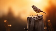 A Bird Sitting On Top Of A Wooden Post. .Hyper Realistic Photo. With Cinematic Lighting, 