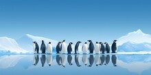 A Group Of Seven Penguins Waddling Along The Icy Shores Of Antarctica, Reflection Photography, Cartoon Style, 16k, High Detail 