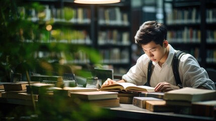 Wall Mural - China's elite are studying hard in the library, and the shelves are full of all kinds of reference books, Side view, vignetting photography, Dadaism, 64K, hyper quality